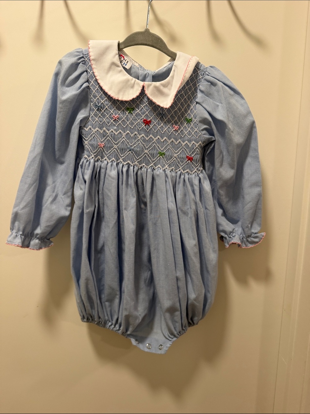 Ruth and Ralph Blue Smocked Baby Bubble with Peter Pan Collar 2T
